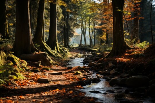 A stream flows through the woodland, creating a serene natural landscape