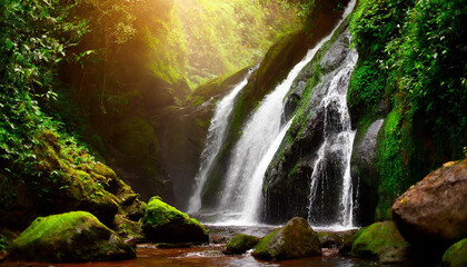 Soothing waterfall amidst lush jungle, tranquil scene of cascading water in vibrant greenery - obrazy, fototapety, plakaty
