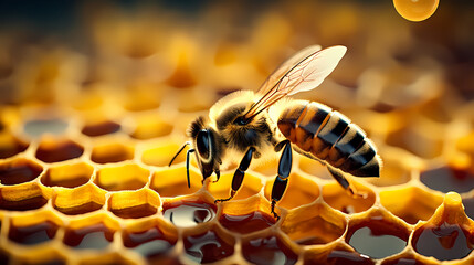 Macro photo of bee - obrazy, fototapety, plakaty