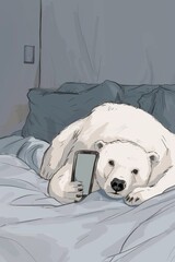 A bear lying on the couch and looking at a smartphone. Illustration