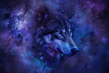 Illustration of a wolf in the space with stars and galaxies. Surreal blend of a wolf and a starry night sky, symbolizing the wild spirit and connection to the cosmos. The deep blues and purples. 
