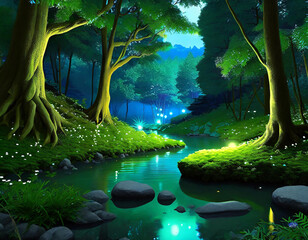 Illustration of a forest with a river and lush trees