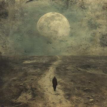 A man in a black robe standing at the edge of the desert. Mysterious man in front of a full moon. Fantasy landscape. Repetition of a solitary figure carrying a burden across a barren landscape.