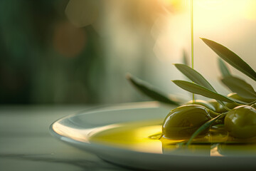 An olive branch with leaves and olives and fresh olive oil in plate on table, minimalist background. The moment olive oil is pouring into a bowl.
