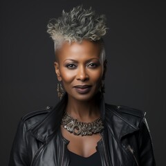 Photo taken in a studio setting featuring a stunning mature black woman making eye contact with the camera against a gray background, showcasing a Mohawk hairstyle