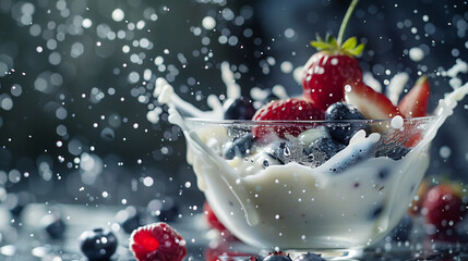 Close-up tasty strawberries and blueberries are splashing in milk dessert, Berries and Cream Milkshake joyful fun breakfast. - obrazy, fototapety, plakaty