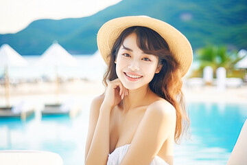 Woman Wearing Hat Sitting Next to Swimming Pool