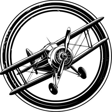 recommend clip art: Black and white emblem featuring a vintage biplane encircled by bold lines, symbolizing a historical flight club with an art deco-inspired, aerodynamic, and classic design.