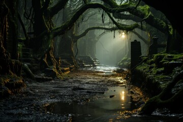 A river flows through a dark forest with mosscovered trees at midnight