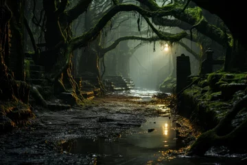 Tuinposter A river flows through a dark forest with mosscovered trees at midnight © Yuchen