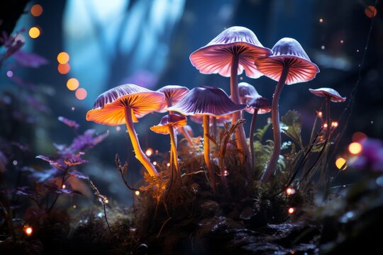 Purple agaricaceae mushrooms thrive as groundcover in the dark forest