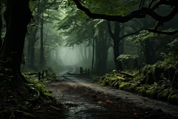 Foto op Canvas Road cuts through dense deciduous forest with towering trees and lush vegetation © Yuchen