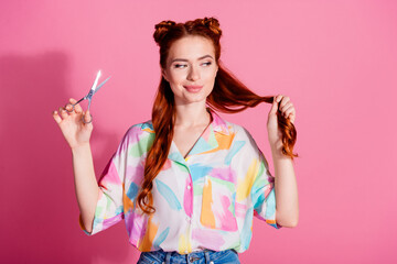 Portrait of confident woman wear print shirt look at foxy curl hold scissors making tail shorter...