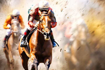Race horse with jockeys on the home straight. - obrazy, fototapety, plakaty