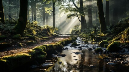A water stream flows through a forest with sunlight filtering through trees
