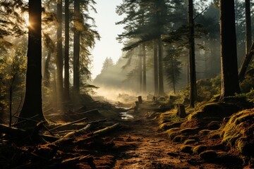 Sunlight filters through forest trees along a woodland path