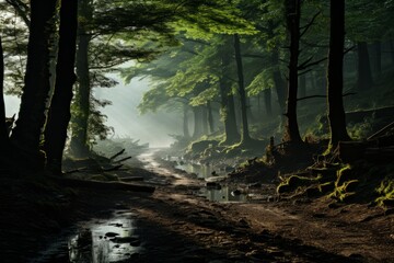 a path in the middle of a dark forest with trees and a river