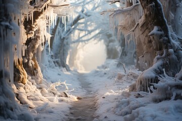 Winter landscape with snowcovered trees and icicles in a natural forest setting - obrazy, fototapety, plakaty