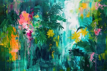 Vibrant abstract representation of a tropical rainforest using lush greens and bright floral accents to evoke a sense of abundance
