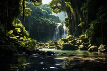 Waterfall amidst lush forest with trees, rocks, and fluvial landforms of streams - obrazy, fototapety, plakaty