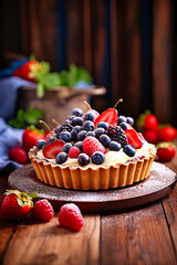 Delicious Tart With Berries on Wooden Table