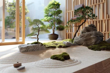 Fotobehang Peaceful Zen garden setting with bonsai trees, raked sand patterns, and stones, bathed in sunlight © Татьяна Евдокимова