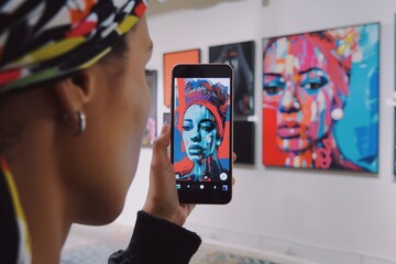 Fototapeta premium Utilizing smartphone technology to capture vibrant contemporary artwork in a modern gallery exhibition