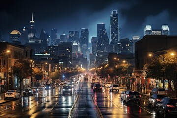 Fototapeta na wymiar Midnight rain on city road, skyscrapers silhouette against city skyline
