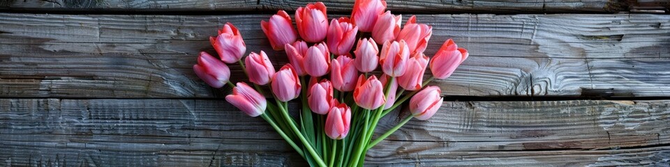 Naklejka premium Bouquet of pink tulips on old wooden background, panoramic banner