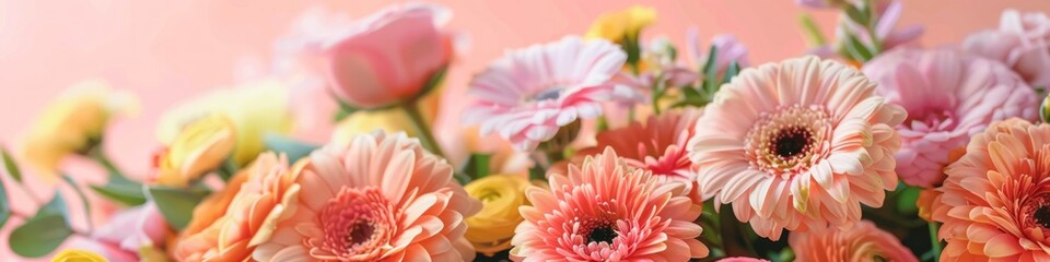 Beautiful gerbera flowers as background, closeup. Banner design