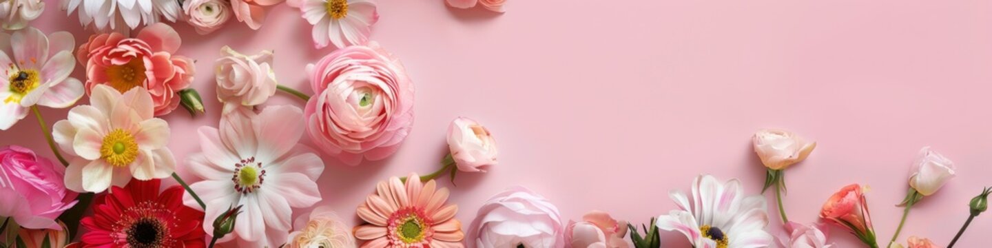 Beautiful flowers composition. Colorful flowers on pink background. Flat lay, top view, copy space