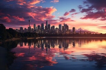 Skyline reflected in lake at sunset creates stunning afterglow