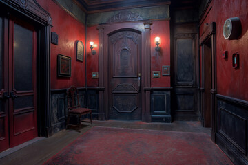 Exploring the atmospheric and mysterious vintage mansion hallway with ornate antique interior and dimly lit classic design, featuring dark woodwork, elegant decor, red walls, and spooky ambiance - Powered by Adobe