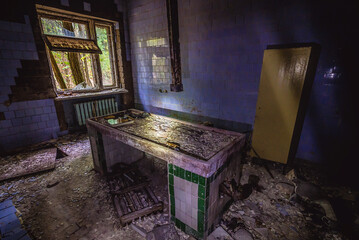 Autopsy room in morgue of hospital in Pripyat abandoned city in Chernobyl Exclusion Zone in Ukraine - obrazy, fototapety, plakaty