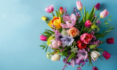 Beautiful bouquet of colorful spring flowers on blue background. Flat lay, top view.