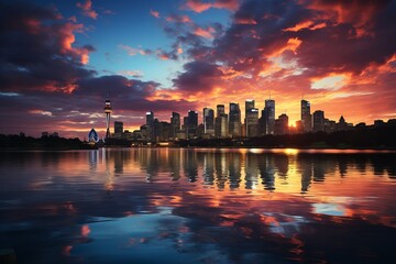 Fototapeta na wymiar City skyline reflected in water at sunset, creating a stunning afterglow
