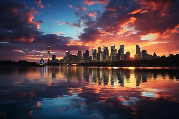 Wall murals Reflection City skyline reflected in water at sunset, creating a stunning afterglow