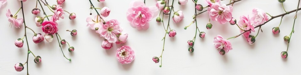Pink flowers on white background. Flat lay, top view, copy space