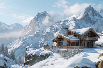 Picturesque wooden chalet with smoking chimney amidst snow-covered alps during winter - obrazy, fototapety, plakaty