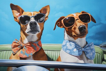 dogs with sunglasses on a vintage convertible car, travelling on vacation - obrazy, fototapety, plakaty