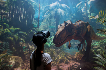 Immerse yourself in a virtual reality dinosaur encounter with a futuristic VR headset. Explore the...