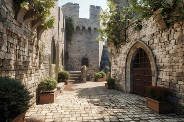 The enchanting medieval castle courtyard with cobblestone path. Fortified walls. And historical architecture in a serene and ancient setting. Complete with stone gates. Towering defensive structures - obrazy, fototapety, plakaty