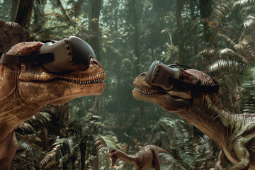 Two CGI dinosaurs wearing VR headsets amidst a lush, prehistoric jungle