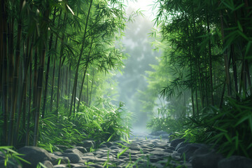 Tranquil misty bamboo forest pathway in the serene and lush natural landscape. Perfect for morning meditation and outdoor Zen experience