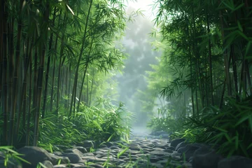 Zelfklevend Fotobehang Tranquil misty bamboo forest pathway in the serene and lush natural landscape. Perfect for morning meditation and outdoor Zen experience © Татьяна Евдокимова