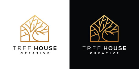 Tree house vector logo, simple tree house logo growth ecology
