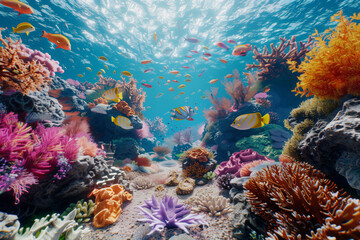 Naklejka na ściany i meble Exploring the vibrant and diverse underwater coral reef ecosystem in the tropical marine life of the ocean. Showcasing the colorful aquatic scenery. Biodiversity. And habitat for various fish