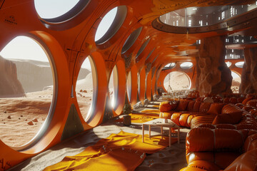 Modern sci-fi mars habitat with comfortable lounge seating and panoramic windows overlooking Martian landscape