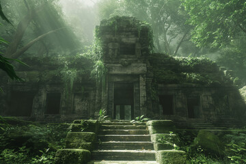 Enigmatic ancient ruins shrouded by mist amidst dense jungle vegetation - obrazy, fototapety, plakaty
