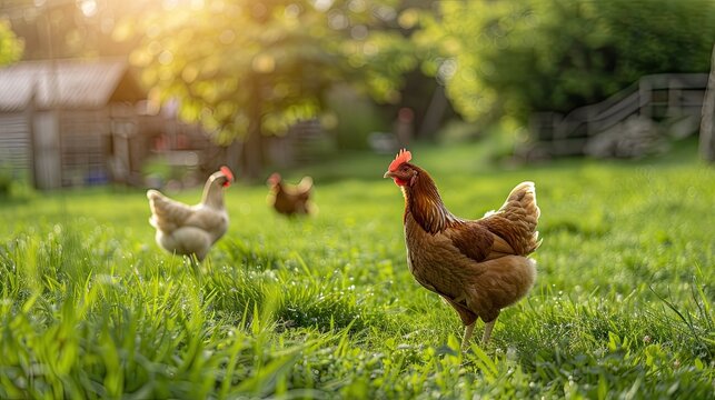 Free range chicken farm and sustainable agriculture. Organic poultry farming. Free range chicken in agriculture grass field
